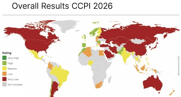 La carte du monde présente les résultats agrégés et la performance globale des pays évalués dans le cadre du CCPI.