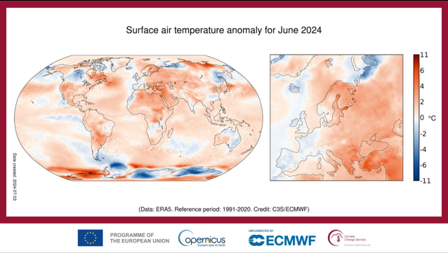 Anomalie de température de l'air en surface pour juin 2024